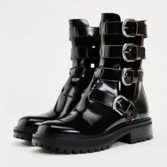 ZARA BUCKLED OPEN DETAIL LEATHER ANKLE BOOTS - Picture 5 of 6